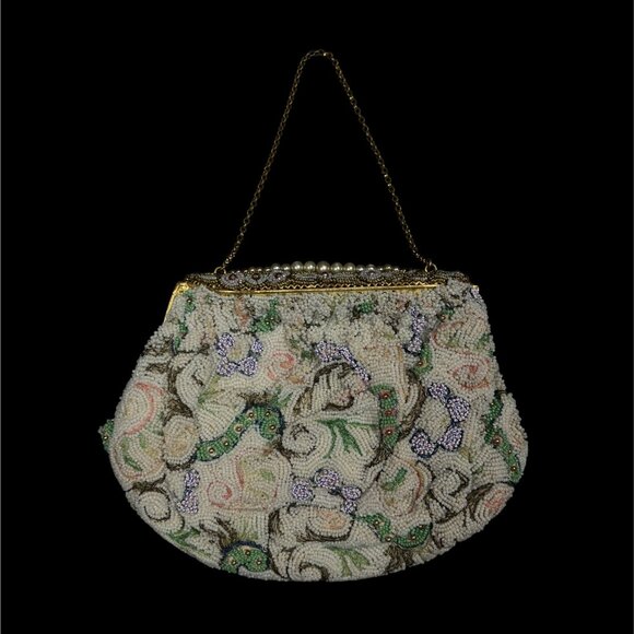 Vintage est. 1940s–50s Delill Beaded Evening Bag Floral Seed Bead Purse - Picture 2 of 6